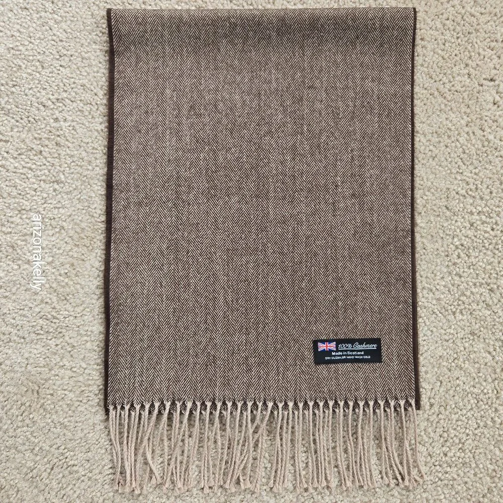 NWOT Cashmere Herringbone Scarf Brown & Creme Made in Scotland